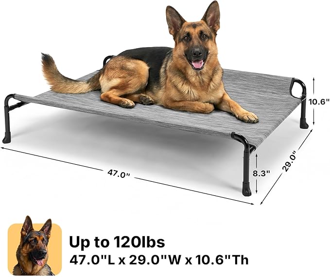 Veehoo Outdoor Dog Bed, Raised Dog Bed for Large Dogs, Elevated Dog Bed with Headrest, 47" Cooling Washable Pet Cot, Breathable Dog Hammock for Camping & Indoor, Non-Skid, Black Silver