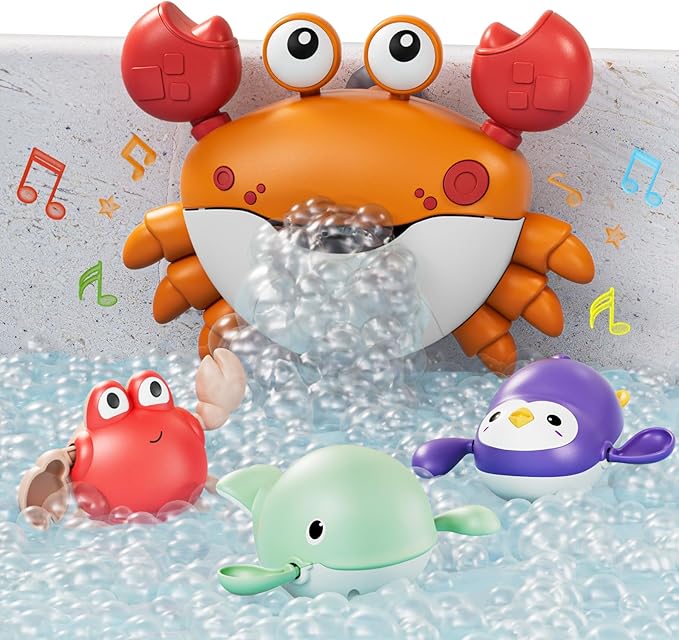 TUMAMA Baby Bath Toy,Bath Bubble Maker Machine with Music,3 Bathtub Wind-Up Toys,Crab Shower Water Toy for Toddlers Kids Boys Grils (Orange)