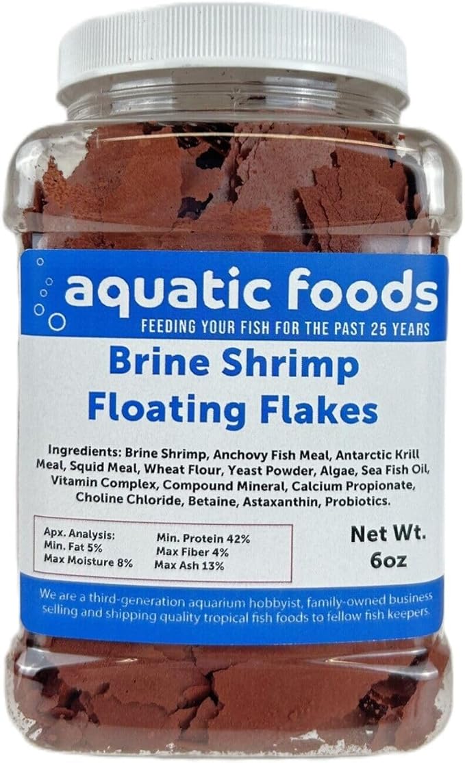 Aquatic Foods Inc. Brine Shrimp Flakes for Freshwater Cichlids, Angels, Live Bearers, Tetras, Guppies, Marine Tangs, Butterflies, Angelfish, Anthias, Clown Fish...WL 6oz Med Jar