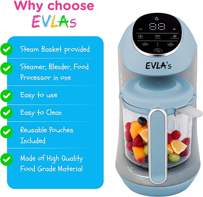 EVLA'S Baby Food Maker, Steamer, Blender, Baby Food Processor for Healthy Homemade Baby Food in Minutes, Touch Screen with 6 Reusable Food Pouches, Baby Registry Essential, Blue