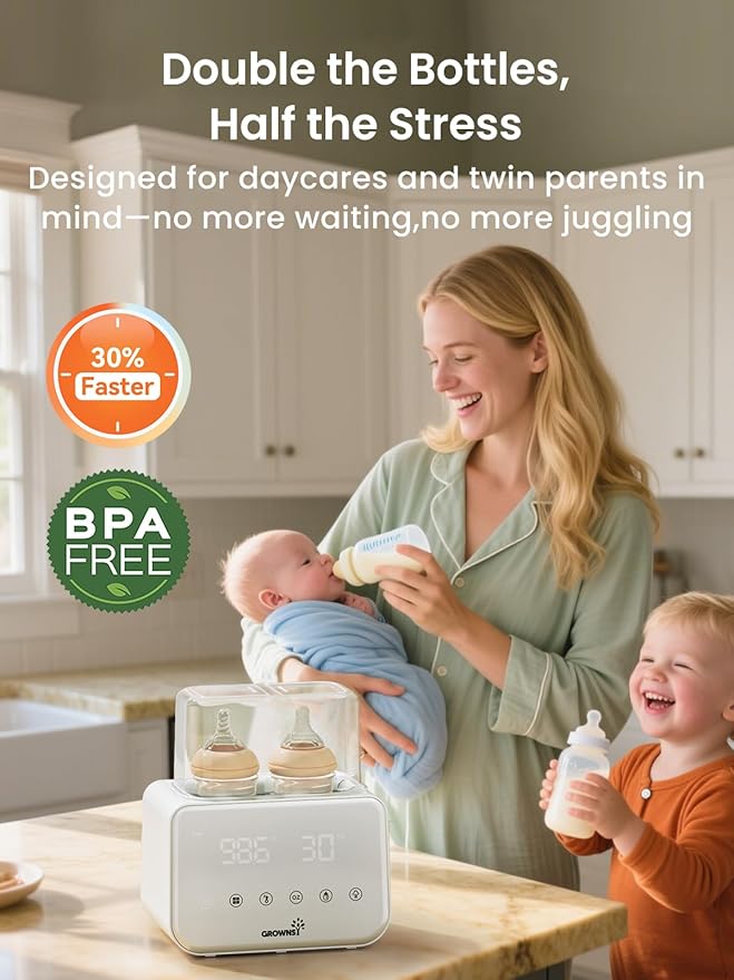 Baby Bottle Warmer, Grownsy 10-in-1 Fast Bottle Warmer Accurate Temp Control, with LCD Display, Timer, Defrost, Sterili-zing, Keep 24H, Double Bottle Warmer for Breastmilk& Formula, Heat Baby Food