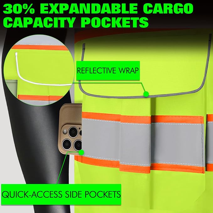 BeautyWill Custom Logo Safety Vest 8 Pockets Class2 ANSI Certified High Visibility Reflective Vest for Men - Personalized Logo Heavy-Duty Work Vest（Yellow，M）