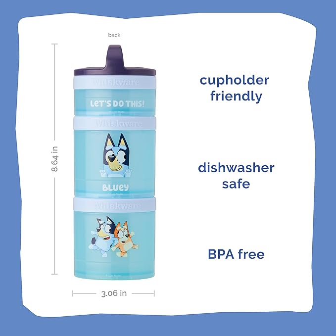 Whiskware Bluey Stackable Snack Containers for Babies, Toddlers, and Kids, 3 Stackable Snack Cups for School and Travel, Cupholder Friendly, Bluey and Bingo! Let’s Do This!