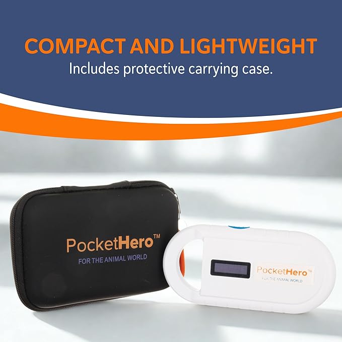 Pocket Hero ISO Microchip Scanner for Pets, Compact, Rechargeable Reader with Bright Display, USB Cable and Test Chip Included