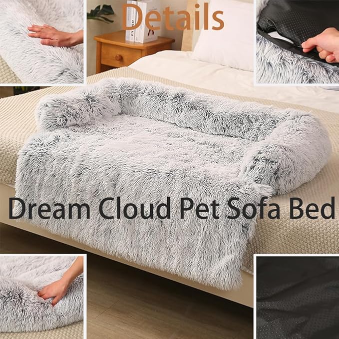 Dream Cloud Pet Sofa Bed for Dogs Cats, 2026 Washable Removable Calming Fluffy Plush Mat for Furniture Protector, Long Fur Non-Slip, for Small/Medium/Large Home Pets (Grey, L: 37.4 * 33.5IN)