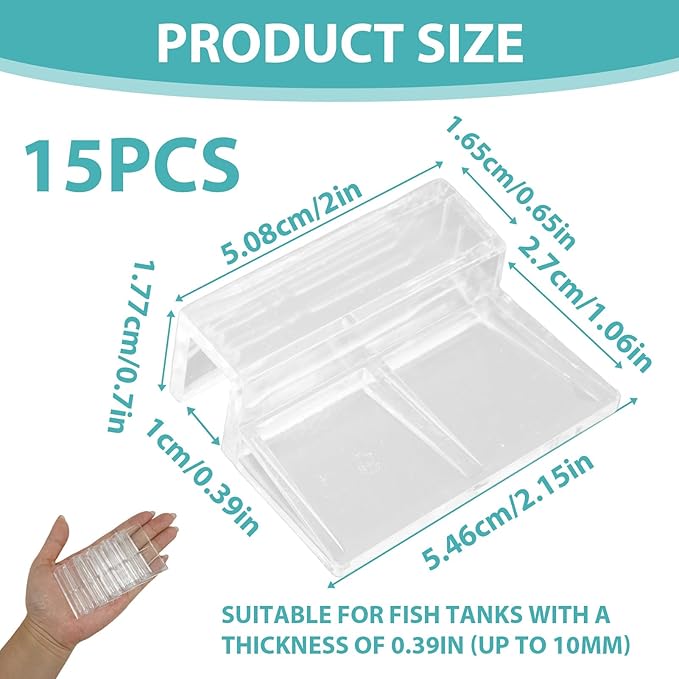 15 Pcs Rimless Aquarium Lid Clips for 9-10mm Glass, Clear Acrylic Aquarium Cover Support Clamps for Fish Tank Lid Holder, Plastic Tank Top Clips for Glass Canopy or Piscine Hoods and Covers