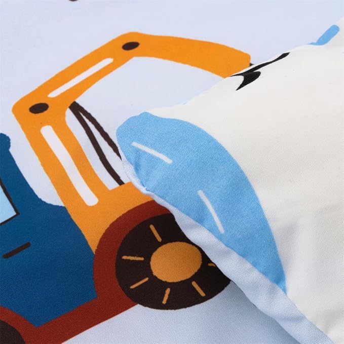 NTBED 4 Pieces Construction Truck Toddler Bedding Set for Baby Boys, Cartoon Vehicles Excavator Cars Printed, Includes Comforter, Flat Sheet, Fitted Sheet and Pillowcase,Light Blue