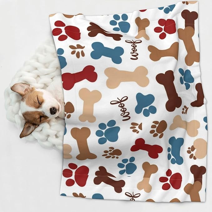 Pet Blanket for Travel and Home, Dog Bones Paw Prints Cream, Reversible Plush Dot Design with Soft Grip Texture on One Side Perfect for Car Seats Moving Vehicles