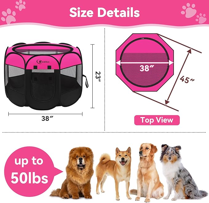 Dog Cat Playpen, Large Puppy Pet Playpen, Dog Crate Tent Cage Indoor/Outdoor, Portable Pop Up Dogs Kennel Playpen with Carrying Case for Dogs/Cats/Rabbits, Hot Pink