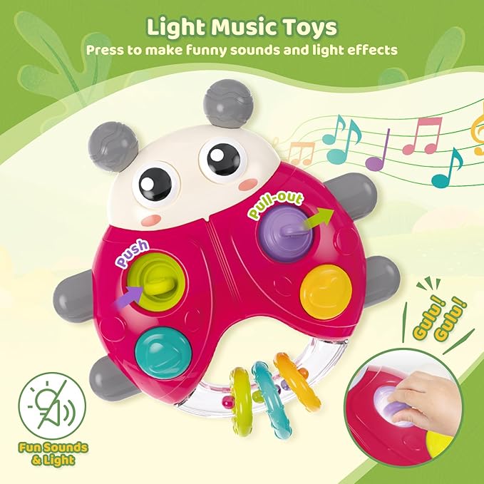 Ladybug Baby Light Up Toys with Rattle Led Light Music, Interactive Educational Fine Motor Development Toy for 3-6-12-18-24 Months Baby Toddler - Red