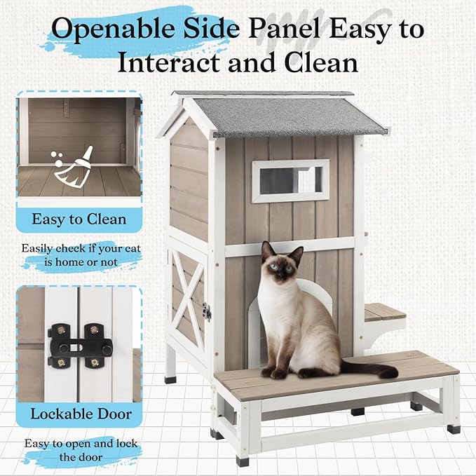 PetsCosset Outdoor Cat House Feral Cats Shelter Weatherproof with Balcony, 2-Story Wooden Outside Pet C at House with Openable Roof, 4 Door, 2 Platforms