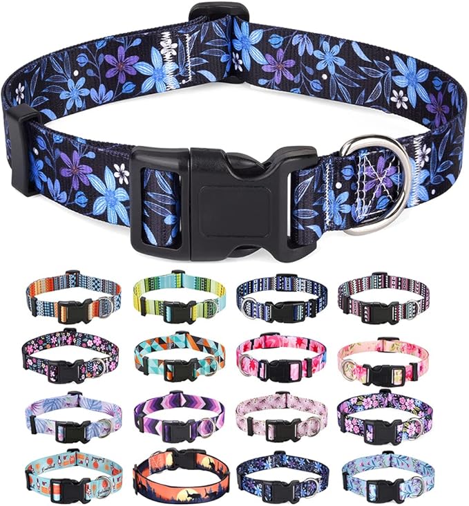 Dog Collar with Bohemia Floral Tribal Geometric Patterns - Soft Ethnic Style Collar Adjustable for Small Medium Large Dogs(Floral Blue,XS)