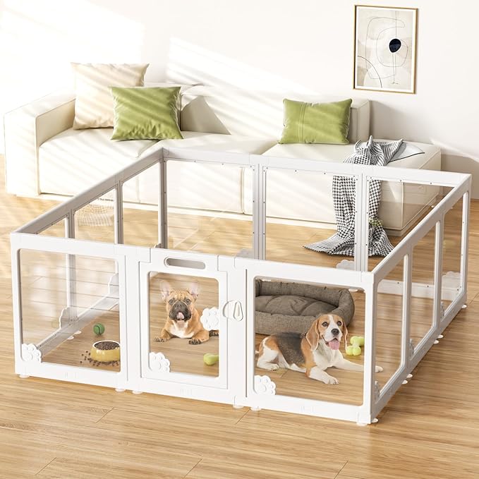 24" Acrylic Clear Dog Play Pen Indoors 12 Panels, Puppy Playpen with Door for Small Dogs Puppies, Transparent Plastic Pet Playpen Cage Fence Crate Kennel for Cat Kitten Rabbit Bunny Ferret etc