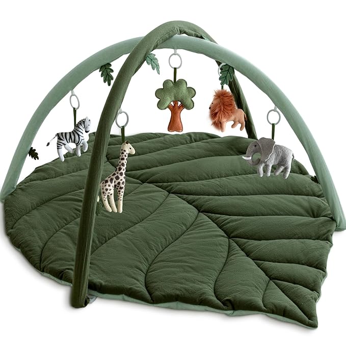 Baby Play Gym with Mat Leaf Shaped, Baby Play Mat with 6 Hanging Toys Tummy Time Mat, Baby Gym Activity Center, Washable (Green)