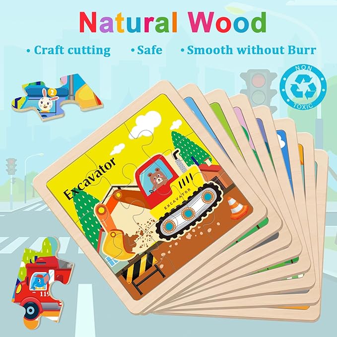 Wooden Puzzles for Toddlers 2-4, 9 Pieces Vehicle Jigsaw Puzzles for Kids Ages 3-5, Toddler Toys for 2-4 Preschool Learning Activities, Learning & Educational Toys, Gifts for Boys, Girls