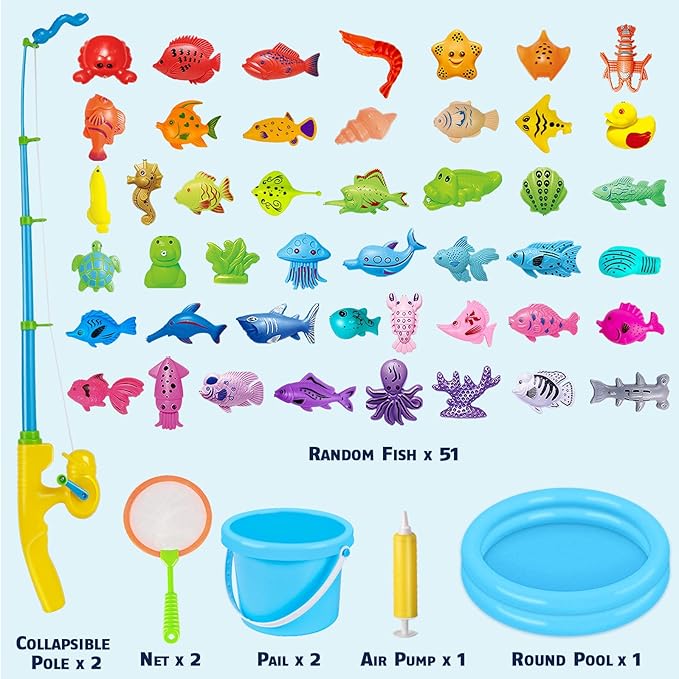 CozyBomB™ Magnetic Fishing Toys Game Set for Kids | Water Table Bathtub Kiddie Pool Party & Pole Rod Net, Plastic Floating Fish Toddler Color Ocean Sea Animals Birthday Age 3 4 5 6 Year