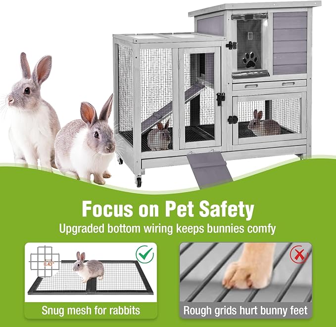 GUTINNEEN 2-Story Rabbit Hutch Bunny Cage with Chew-Proof Ramp & Pull-Out Trays - Indoor/Outdoor 40.6" Wooden Rabbit Cage on Wheels for Rabbits, Guinea Pigs