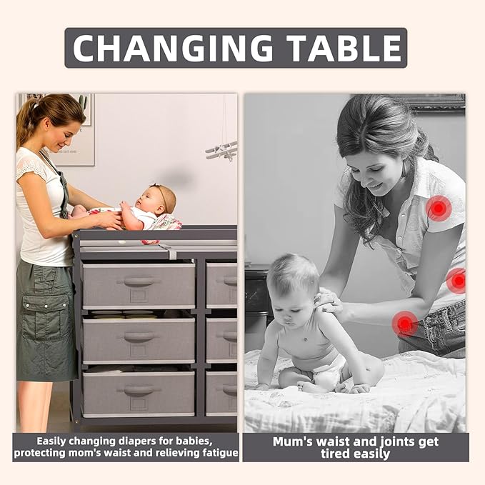 YUFU Baby Changing Table, Diaper Changing Station with 6 Storage Drawers and Changing Pad, Changing Table Dresser, Gray