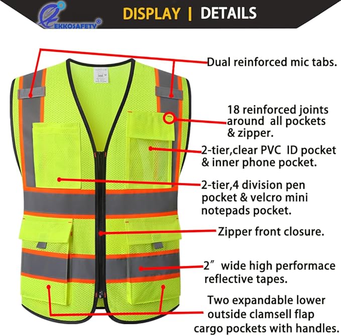 Reflective Safety Vest for Men Women with 9 Pockets and Zipper Front Class 2 High Visibility Mesh Work Vest Hi Vis Construction Vest,Meets ANSI/ISEA Standards(EK176-Yellow-2XL)