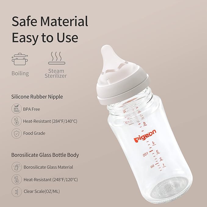 Pigeon Glass Nursing Bottle Wide Neck, Anti-Colic, Streamlined Body, Natural Feel, Easy to Clean, Heat-Resistant, 8.1 Oz(Pack of 2), Includes 2pcs M Nipples (3m+)