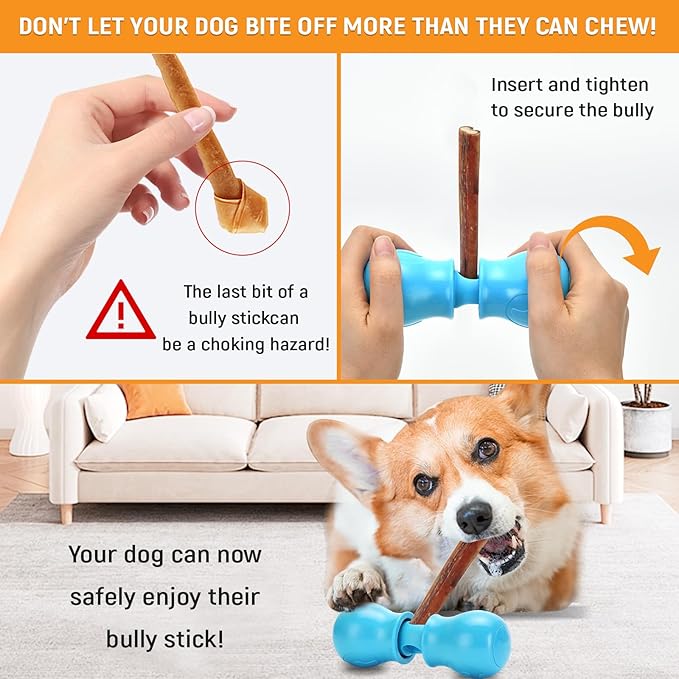 Bully Stick Holder - Improved Dog Treat Chew Holder,Fits Various Bully Sticks,Durable Safety Hold Device to Prevent Swallowed Ends and Choking, Large/Blue.