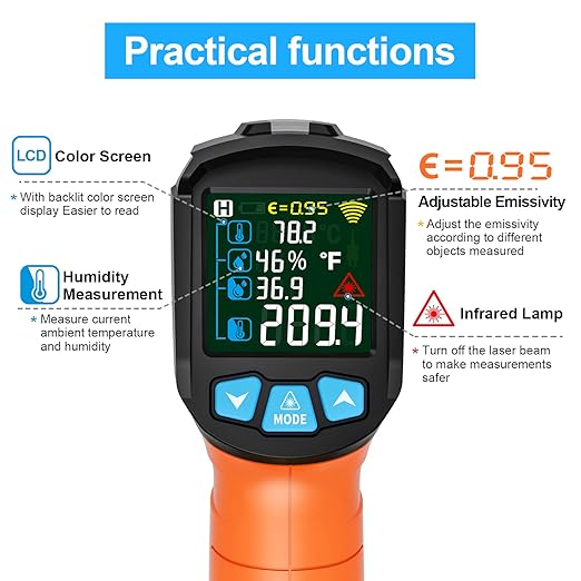 MESTEK Infrared Thermometer Gun, Non Contact Digital Laser Thermometer Temperature Gun with Color LCD for Cooking, Home Repairs, Humidity Measurement, Adjustable Emissivity -58°F to 1472°F(-50~800°C)