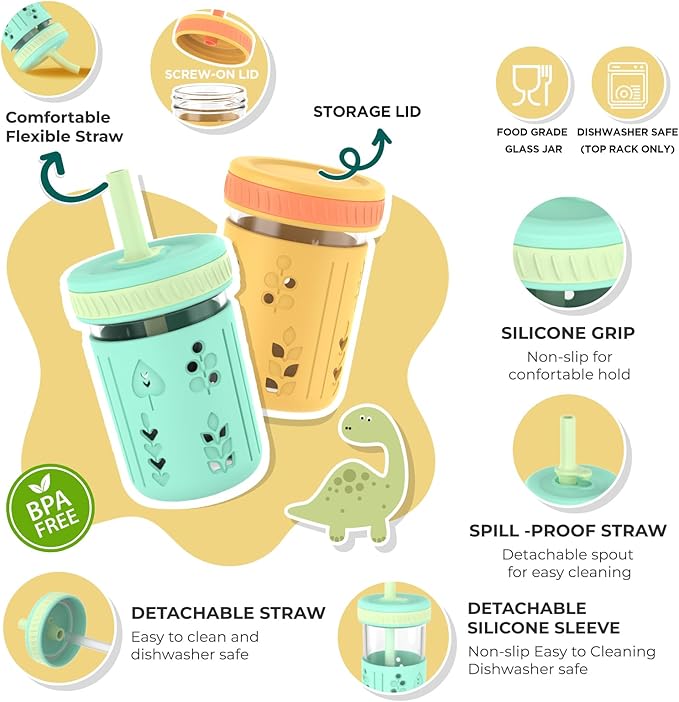 Tronco 8 oz Glass Sippy Cup for Toddlers, Kids Mason Jar Smoothie Cup with Silicone Sleeves & Spill Resistant Flexible Straw, Snack Cup, BPA-Free, Dishwasher Safe