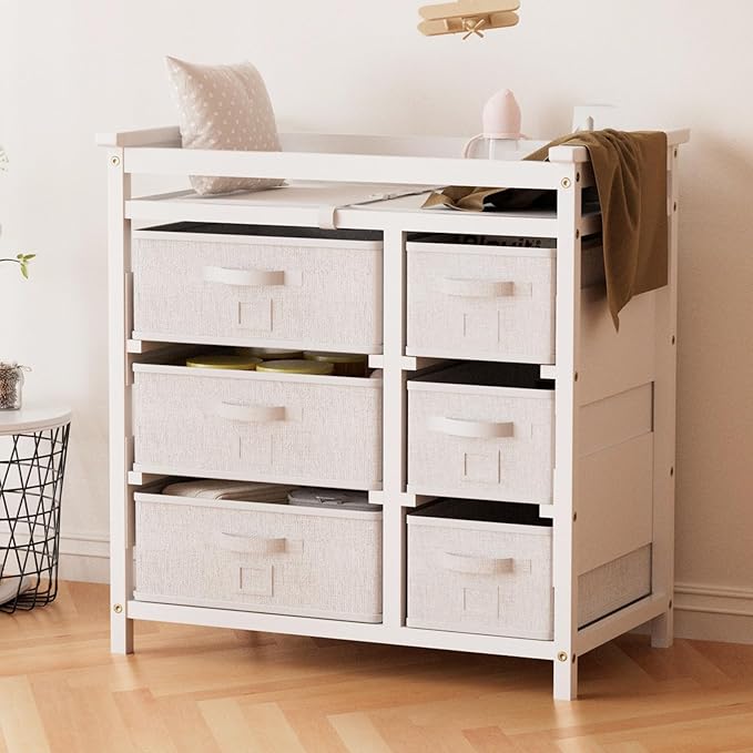 YUFU Baby Changing Table, Diaper Changing Station with 6 Storage Drawers and Changing Pad, Changing Table Dresser, White