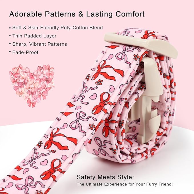 Girl Dog Collar for Small Dogs - Cute Heart Bow Print Girly Dog Collars, Soft Adjustable Spring/Summer Holiday Female Dogs Collar with Quick-Release Buckle S