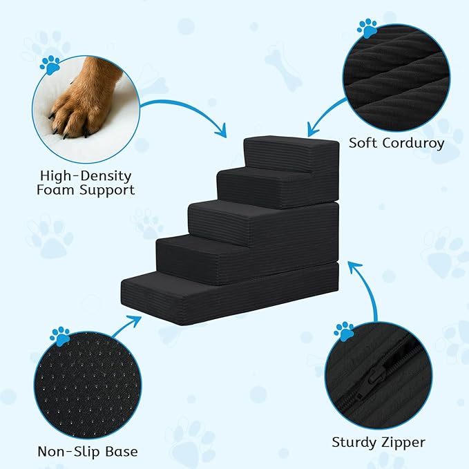 Dog Stairs for Small Dogs, 5 Step Pet Stairs for High Beds and Couch, Dog Steps for Bed Balanced 22.4" H, Foldable Pet Ramp for Large Cats Climb, Non-Slip Bottom Doggy Step, Black