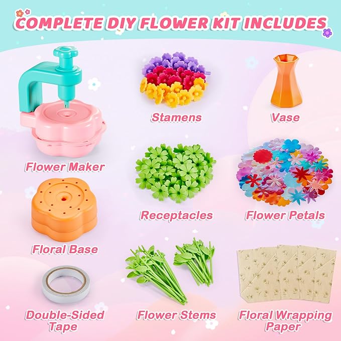 Flower Bouquet Craft Kit for Girls - Arts & Crafts Gift for 4 5 6 7 8 9 Year Old Girls, DIY Flower Making Toy Kit for Kids, Mess-Free Fun & Educational Activities for Preschool Kids, Birthday Gift