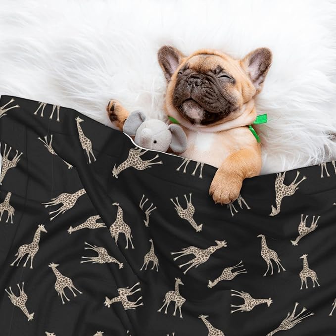 Double Sided Pet Mat for Dog Bed Topper Cat Blanket Furniture Protector, Giraffe Leopard Print On Black, Reversible Plush with Tactile Dot Pattern for Style Change