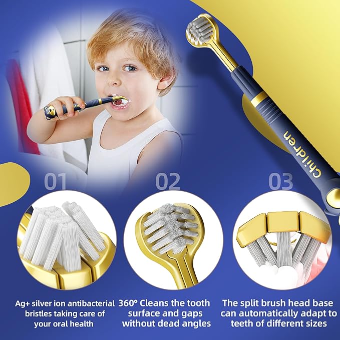 3 Sided Toothbrush for Kids, Japanese Design Triple-Angle Toothhugger, Cartoon Bear Design for Autism Toddlers, Kids Toothbrush for Aged 3-12, Soft Bristles for Gentle Gum Care (3Pack)