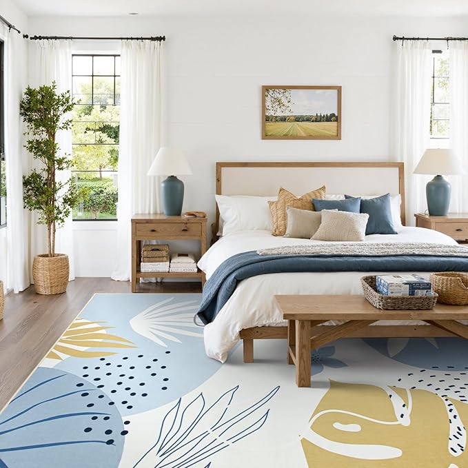 Lahome 8x10 Area Rugs for Living Room - Non-Slip Washable Ultra-Thin Soft Bedroom Rug 8x10 Under Bed, Boho Botanical Print Carpet for Dining Room Office Nursery, Blue