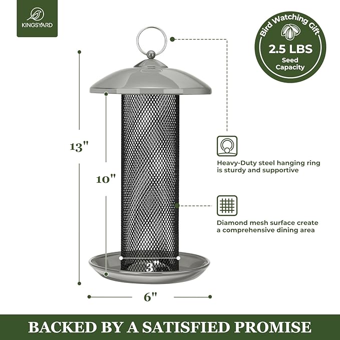 Kingsyard Finch Feeders for Outdoors Hanging, Metal Mesh Tube Bird Feeder for Nyjer/Thistle Seed, 2.5 lbs Large Capacity (Grey)