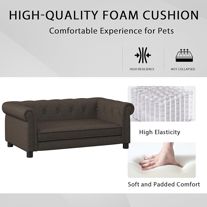 Elevated Rectangle Dog Sofa for Small & Medium Dogs - Comfortable Linen Fabric Dog Bed with Button Tufted Back, Durable Modern and Stylish Pet Bed for Living Room, Bedroom (Dark Brown)