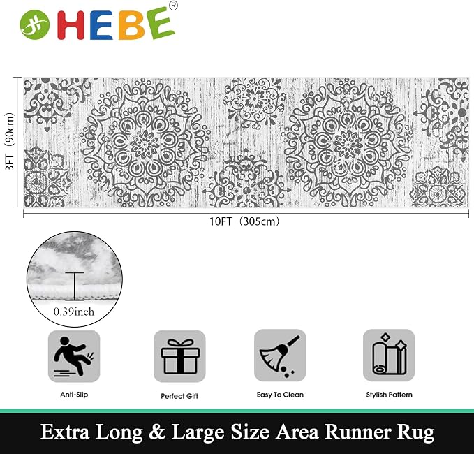 HEBE Hallway Runner Rug 3'x10' Washable Vintage Distressed Area Rugs Non Slip