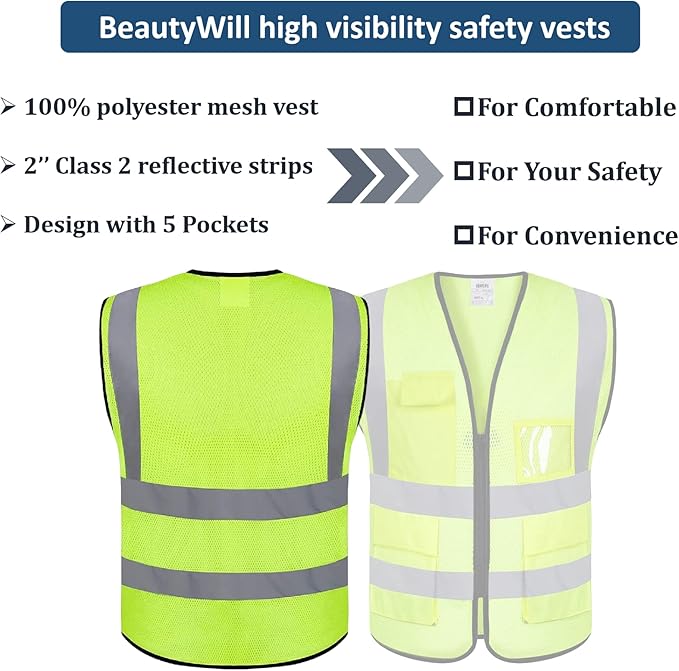 Mesh Safety Vest Custom Logo Class 2 High Visibility Reflective Vest with Pockets Construction Security Work Vest（Yellow，XL）
