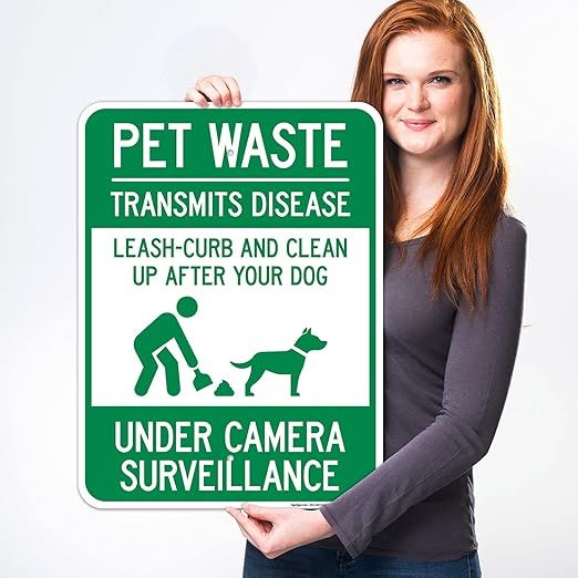 Pet Waste Leash-Curb and Clean Up After Your Dog Under Camera Surveillance Sign, 18x24 Inches, Rust Free .063 Aluminum, Fade Resistant, Made in USA