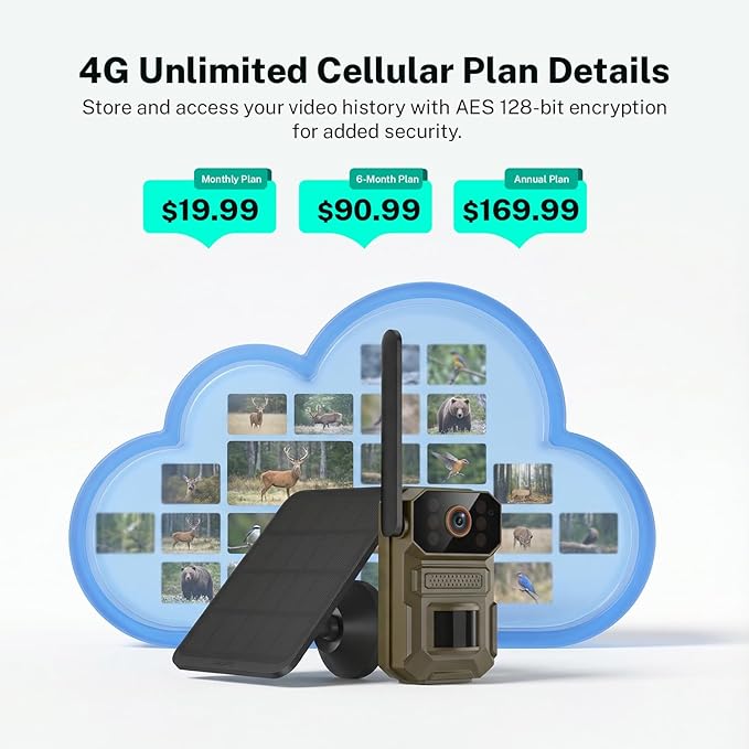 4G LTE Cellular Trail Camera with Solar Panel, 1080p Full HD Pet Cameras, Motion Detection, Live View, Night Vision, Two-Way Talk, IP65, Built-in SIM Card, Unlimited Plan (Sold Separately)