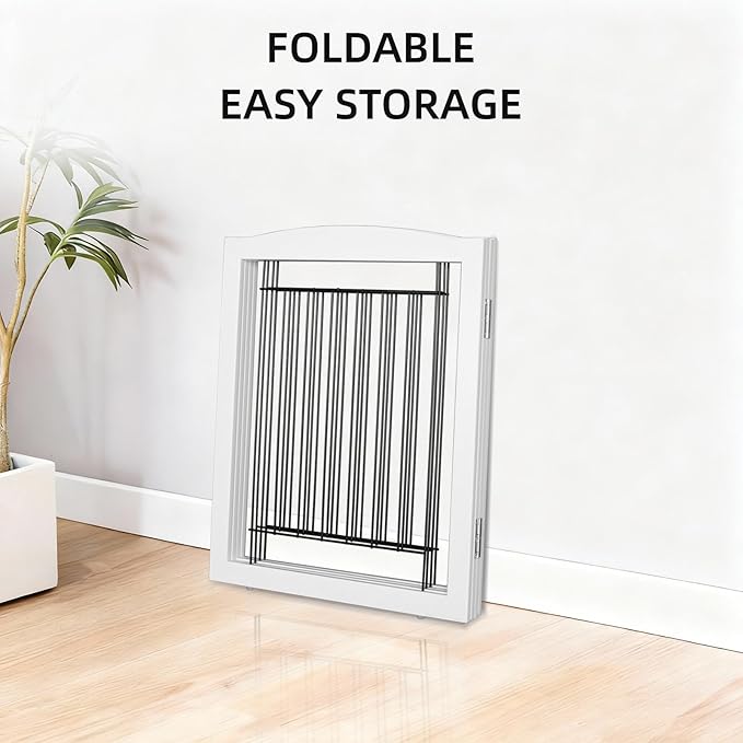 ZJSF Freestanding Foldable Dog Gate for House Extra Wide Wooden White Indoor Puppy Gate Stairs Dog Gates Doorways Tall Pet Gate 4 Panels Fence