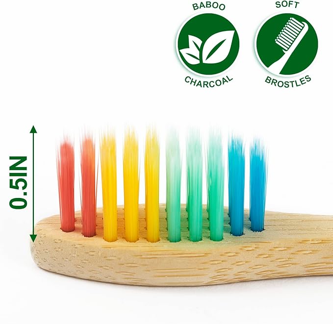 Biodegradable Bamboo Toothbrushes, 10 Piece BPA Free Soft Bristles Toothbrushes, Natural, Eco-Friendly, Green and Compostable (Multicolored Bristles)