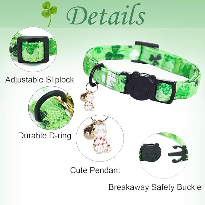 St Patrick's Day Cat Collar-2 Pack Cat Collars Trefoil Cat Collar Breakaway with Kitten and Bell Pendant Safety Buckle Cute Cotton Collar for Boy Girl Cats Gift for Cats and Small Pets