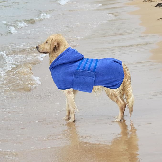 Geyecete Dog Drying Coats with Hood - Absorbent Robe Dry Fast Dog Towel - Microfibre Fast Drying Super Absorbent - Blue - M