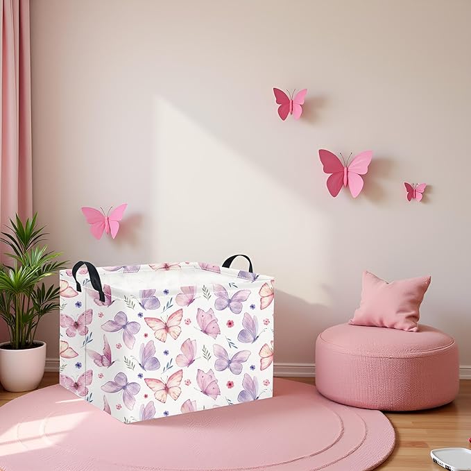 HIYAGON Rectangular Pink Basket for Girls Kids Baby Storage Basket Toy Storage Bin Organizer Box Room Decor(Watercolor Butterfly)