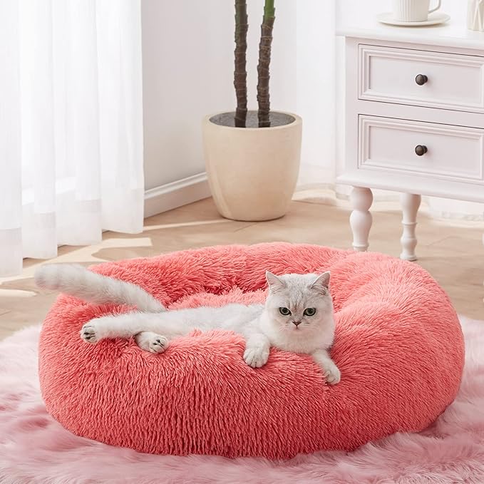 SunStyle Home Dog Bed Medium Size, Machine Washable Donut Round Calming Dog Bed, Anti-Anxiety Fluffy Plush Faux Fur with Anti-Slip Bottom Cushion for Medium and Large Pets