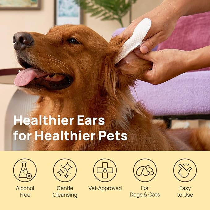 HICC PET Ear Cleaner Wipes for Dogs & Cats, Vet-Recommended Dog Ear Infection Treatment to Relief Itching & Inflammation, Remove Wax, Dirt & Stop Smelly, Cleaning Deodorizing Wipes 50ct(Unscented)
