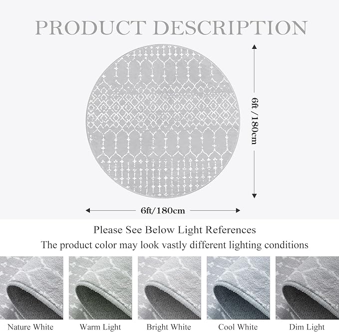 Lahome Moroccan Round Rugs 6Ft Washable Circle Area Rug