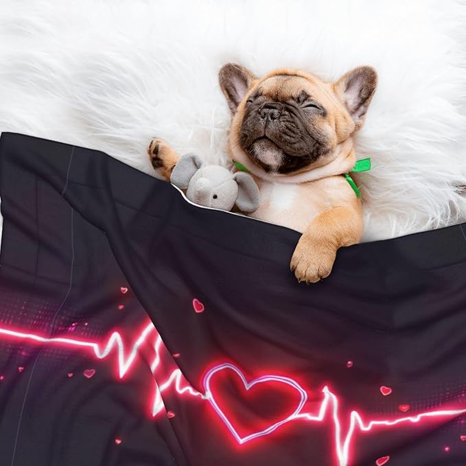 Pet Blanket for Indoor Outdoor Use, Heart Beat Pattern, Two Sided Reversible Plush Mat with Bumpy Dot Texture for Patios Crates Portable Bed Companion