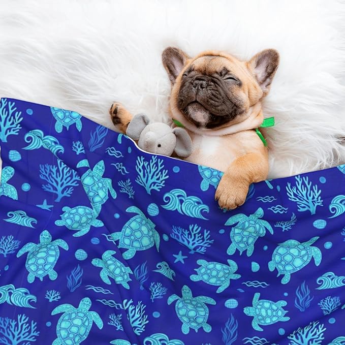Reversible Plush Throw for Dogs and Cats, Watercolor Blue Sea Turtle, Double Sided Blanket with Nubby Dot Side and Sleek Side Ideal for Cuddling Nesting Security